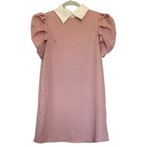 SHEIN Pink Puff Sleeve Dress with Pearl Beading Detail